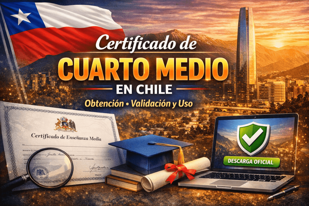 Certificado de cuarto medio en Chile con diseño profesional, documento de enseñanza media, graduación y validación académica en Santiago