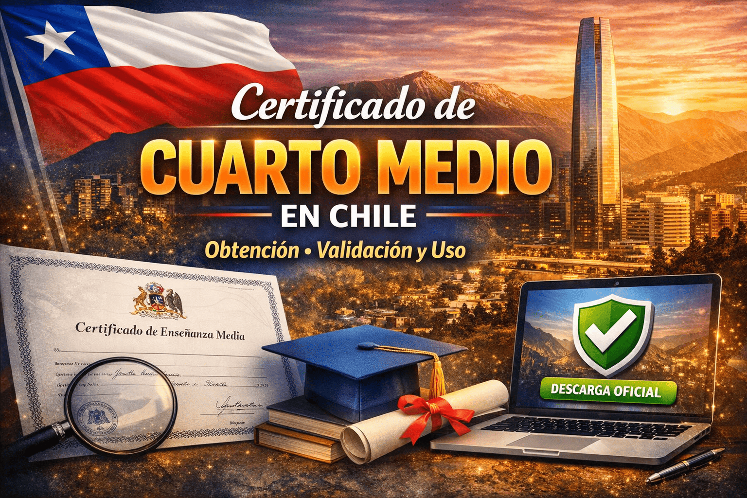 Certificado de cuarto medio en Chile con diseño profesional, documento de enseñanza media, graduación y validación académica en Santiago