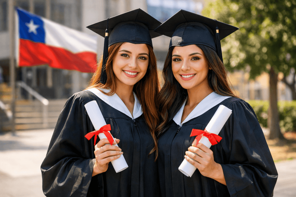 tituladas universitarias en Chile con toga y birrete en campus universitario