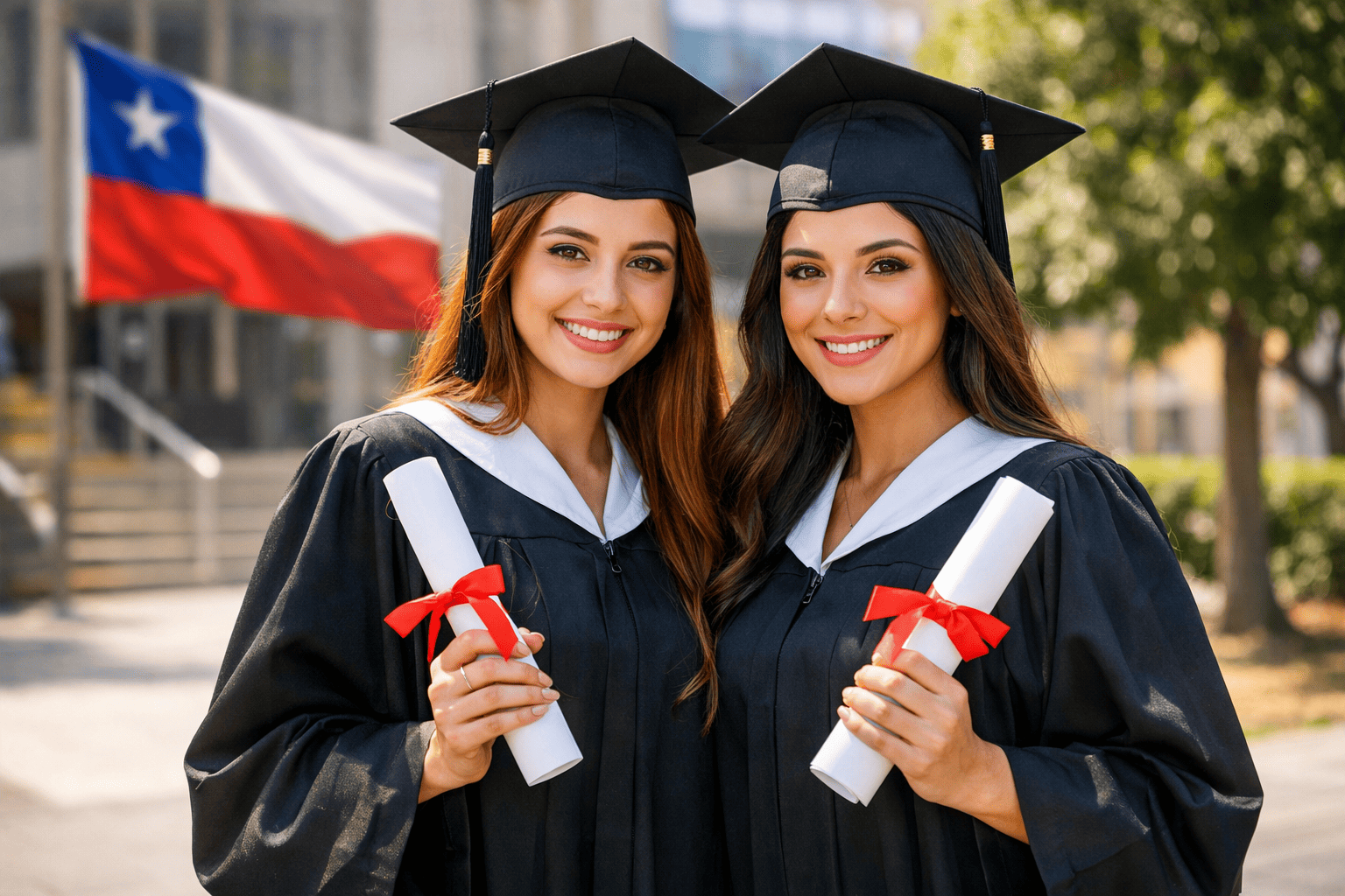 tituladas universitarias en Chile con toga y birrete en campus universitario